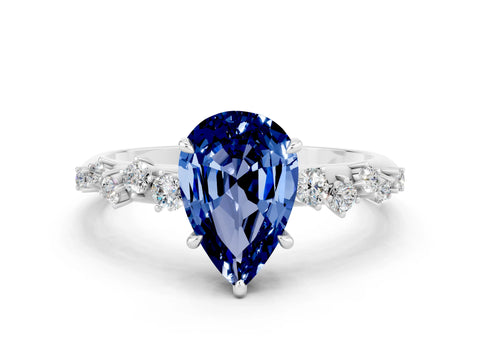 White gold Pear Cut Blue Sapphire Cluster Side Stone Solitaire Ring with Prong Setting_24