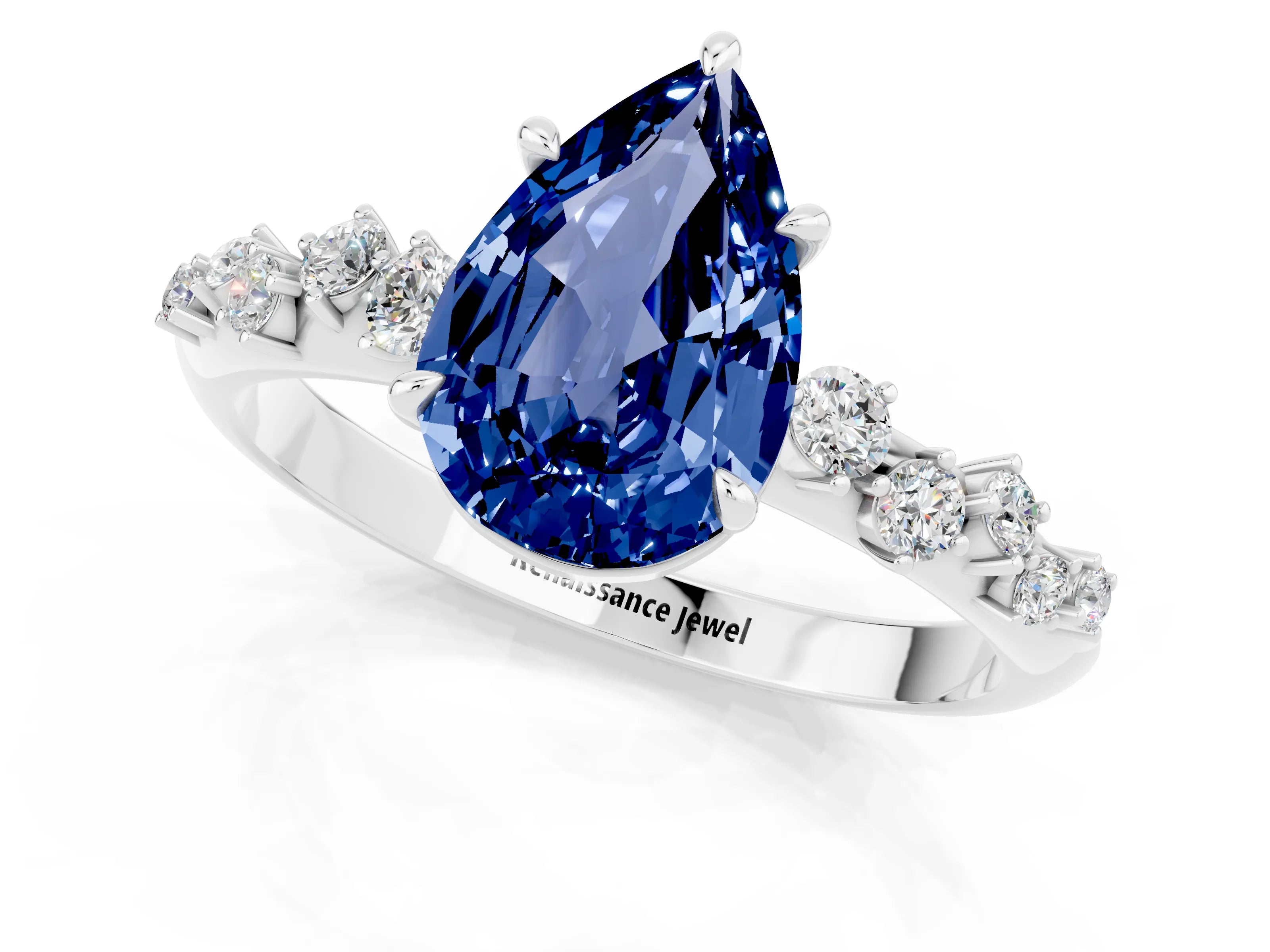 White gold Pear Cut Blue Sapphire Cluster Side Stone Solitaire Ring with Prong Setting_25