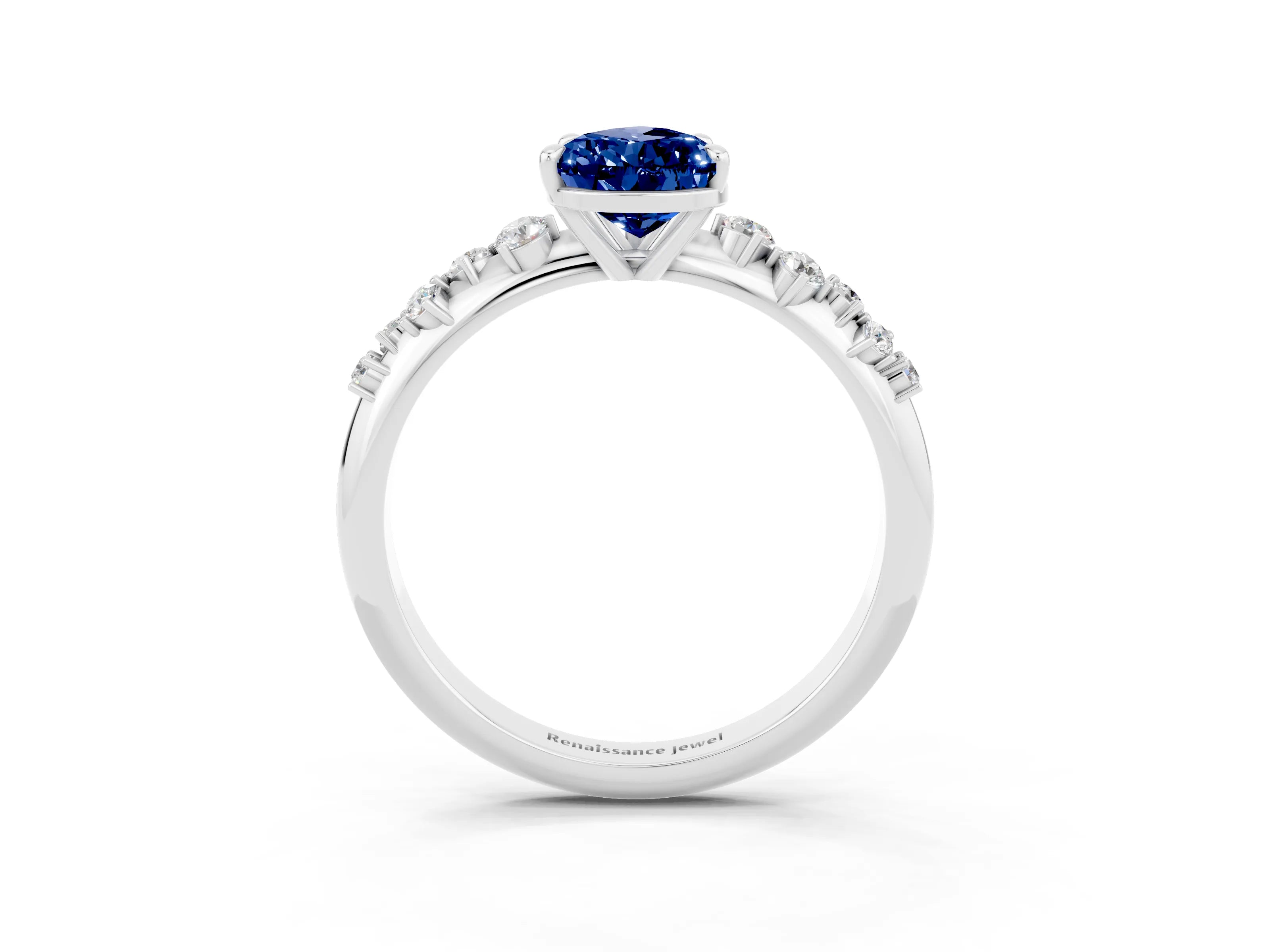 White gold Pear Cut Blue Sapphire Cluster Side Stone Solitaire Ring with Prong Setting_27