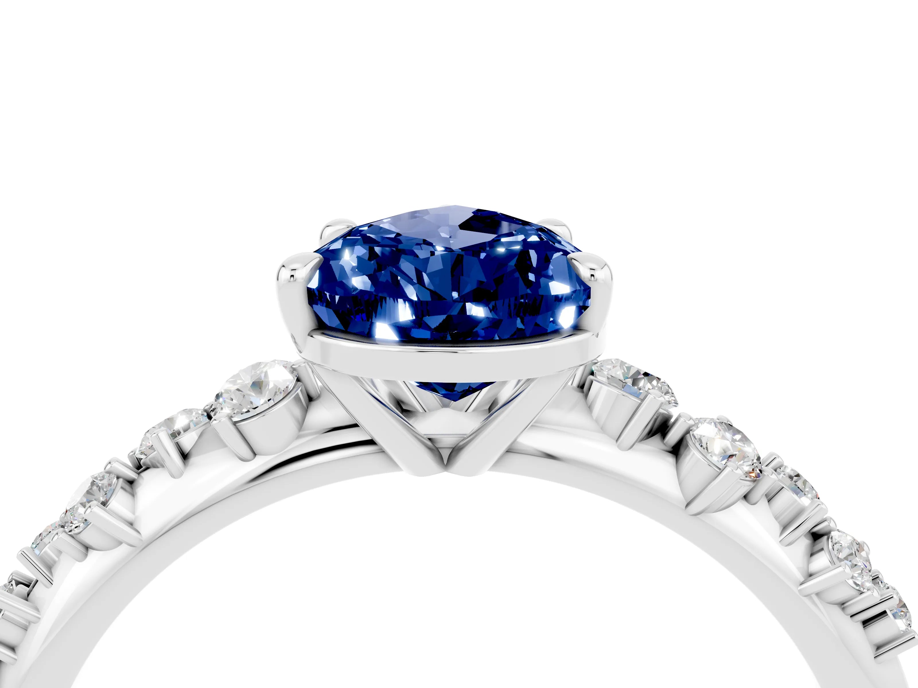 White gold Pear Cut Blue Sapphire Cluster Side Stone Solitaire Ring with Prong Setting_28