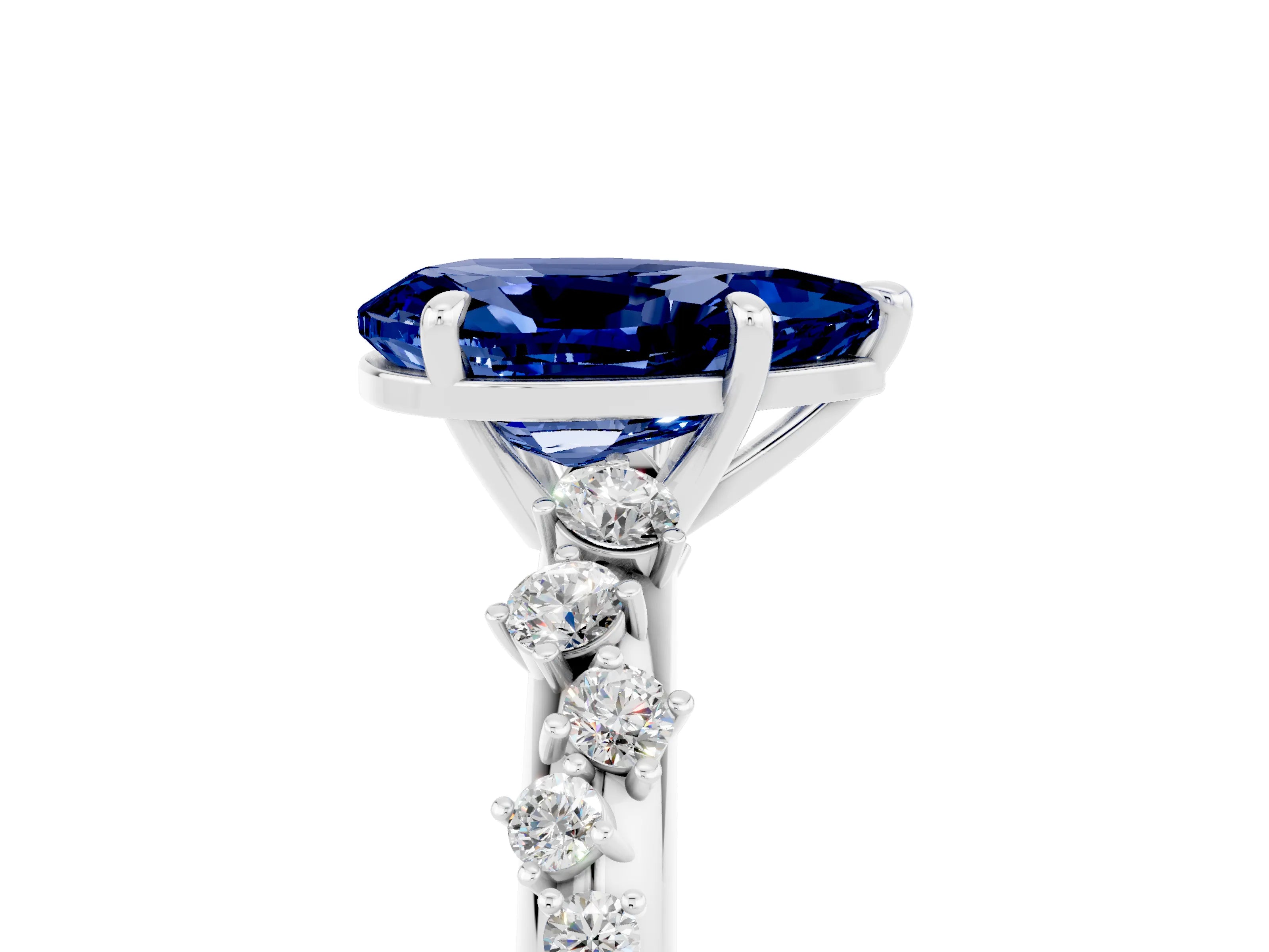 White gold Pear Cut Blue Sapphire Cluster Side Stone Solitaire Ring with Prong Setting_29