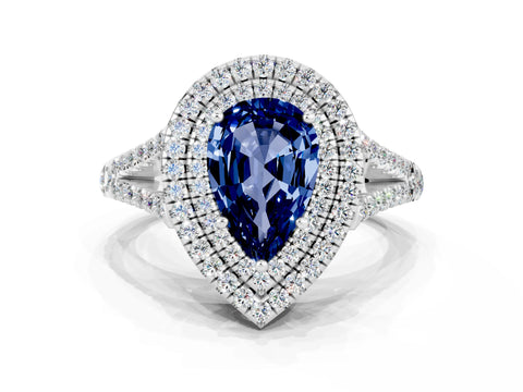 White gold Pear Cut Blue Sapphire Double Halo Ring with Pavé Band and Prong Setting_12