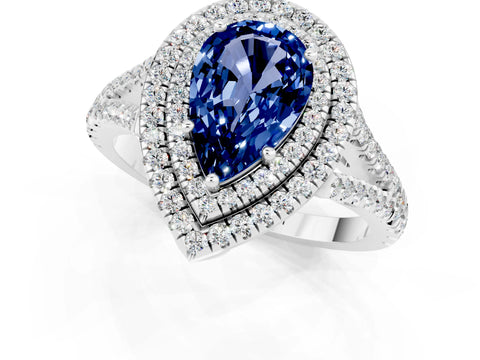 White gold Pear Cut Blue Sapphire Double Halo Ring with Pavé Band and Prong Setting_13