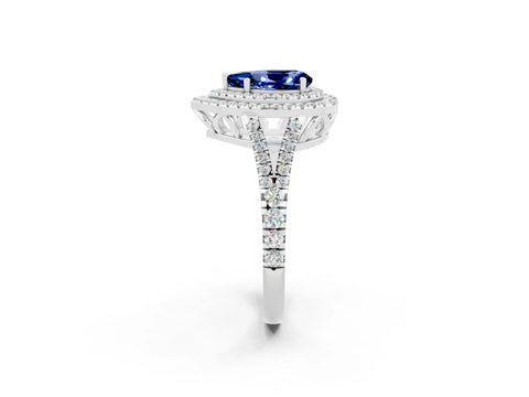 White gold Pear Cut Blue Sapphire Double Halo Ring with Pavé Band and Prong Setting_14