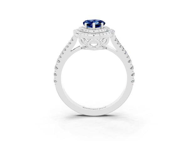 Platinum Pear Cut Blue Sapphire Double Halo Ring with Pavé Band and Prong Setting