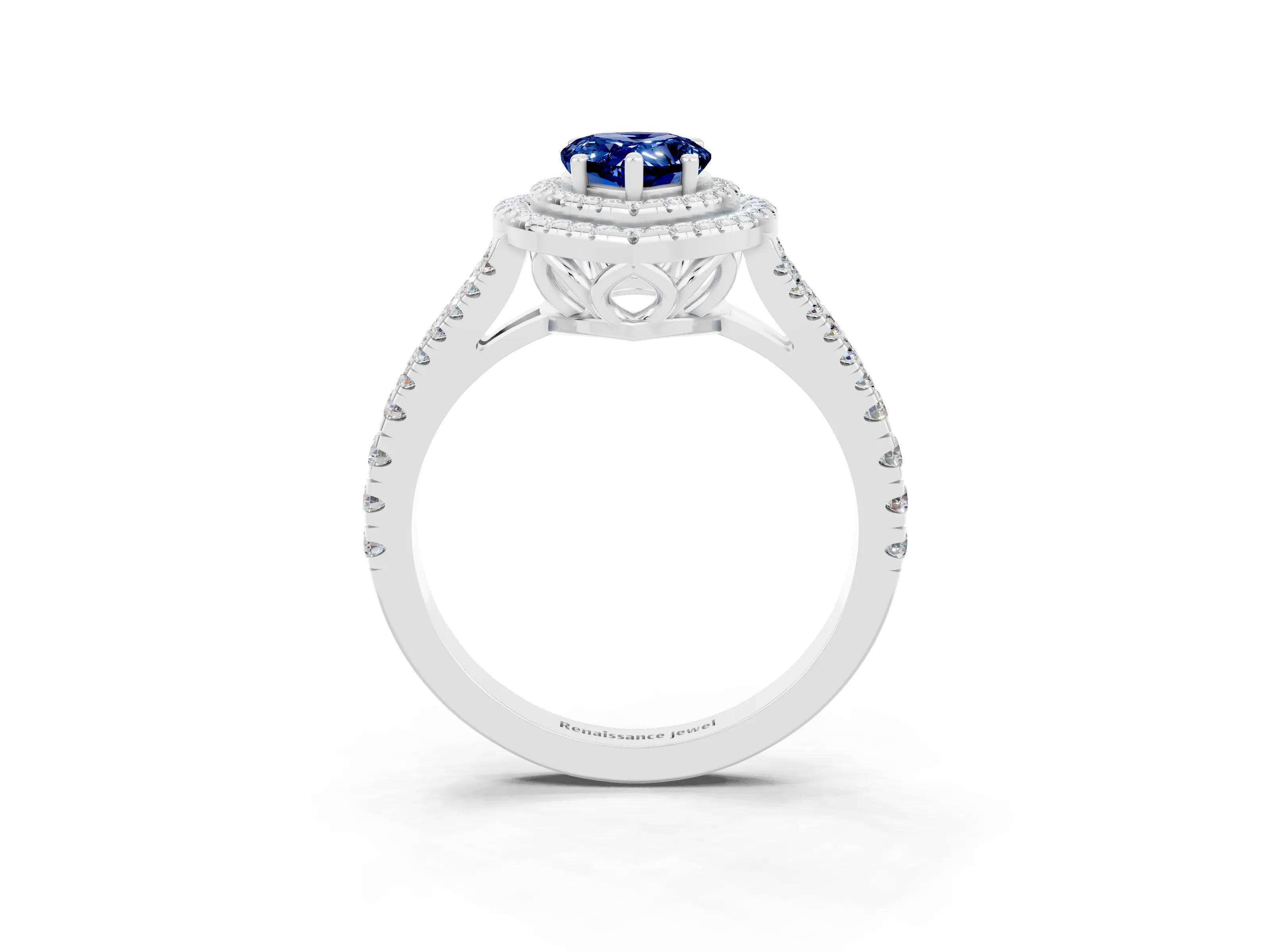 White gold Pear Cut Blue Sapphire Double Halo Ring with Pavé Band and Prong Setting_15