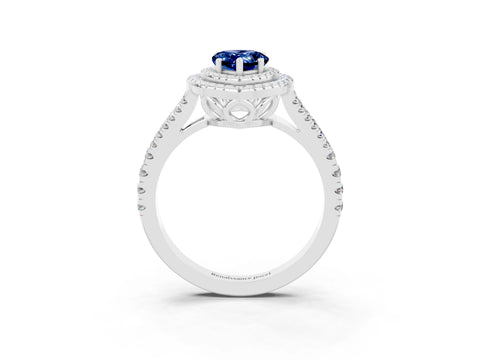 White gold Pear Cut Blue Sapphire Double Halo Ring with Pavé Band and Prong Setting_15