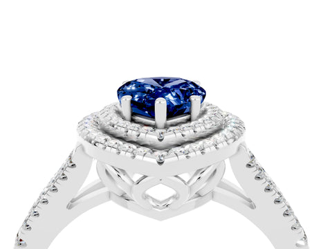 White gold Pear Cut Blue Sapphire Double Halo Ring with Pavé Band and Prong Setting_16
