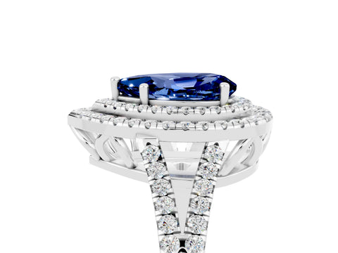 White gold Pear Cut Blue Sapphire Double Halo Ring with Pavé Band and Prong Setting_17