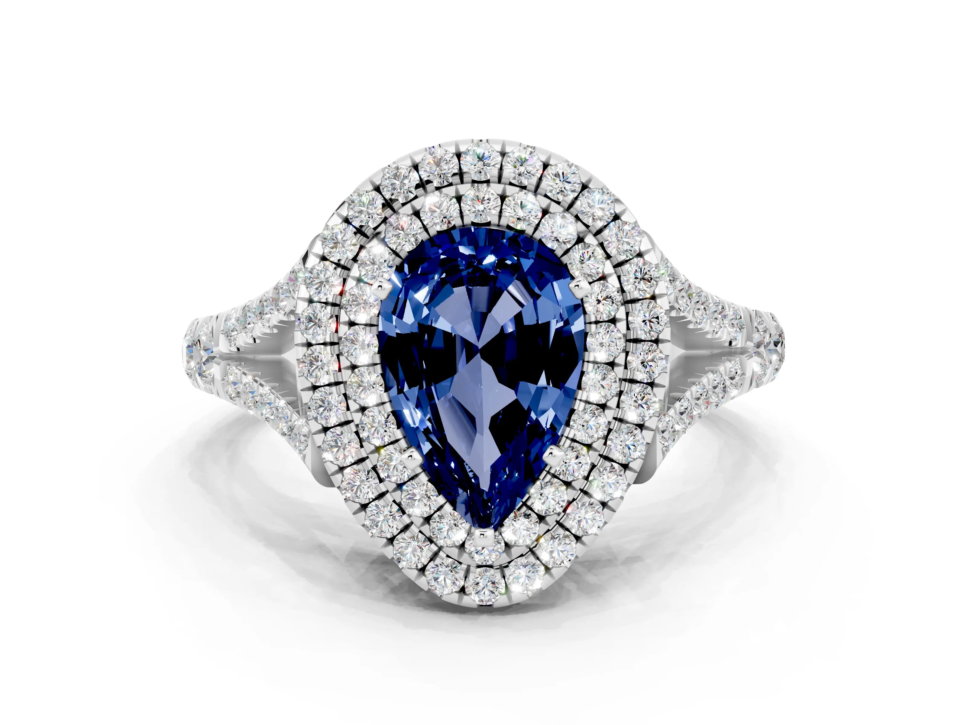 White gold Pear Cut Blue Sapphire Double Halo Ring with Split Shank and Prong Setting_12