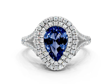 White gold Pear Cut Blue Sapphire Double Halo Ring with Split Shank and Prong Setting_12