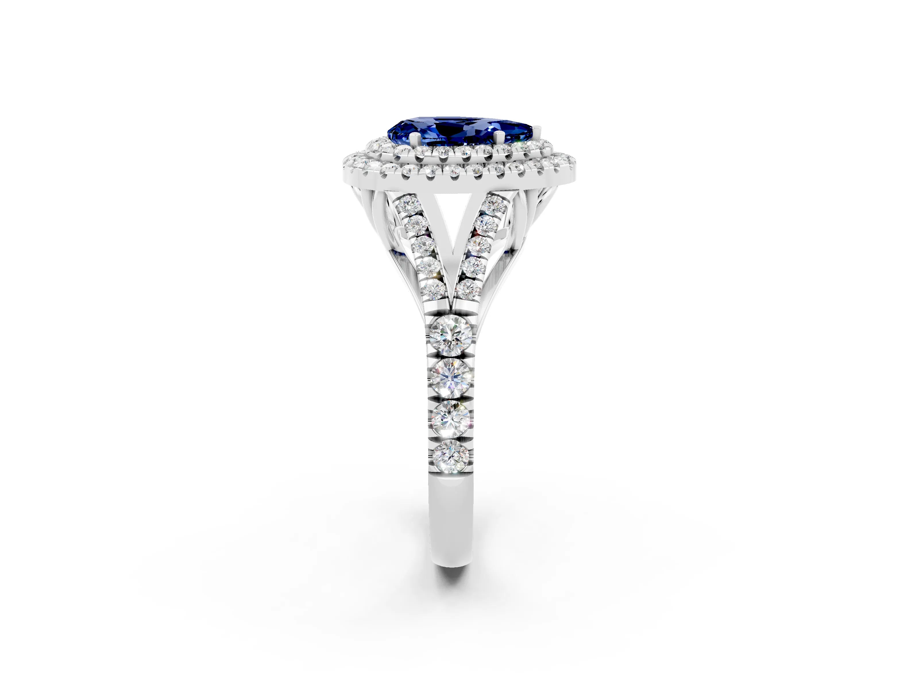 White gold Pear Cut Blue Sapphire Double Halo Ring with Split Shank and Prong Setting_14