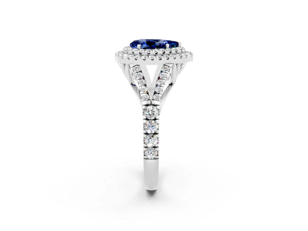 Platinum Pear Cut Blue Sapphire Double Halo Ring with Split Shank and Prong Setting