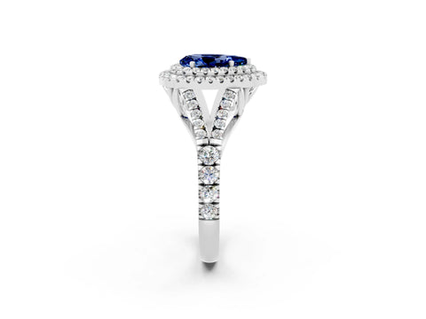 White gold Pear Cut Blue Sapphire Double Halo Ring with Split Shank and Prong Setting_14