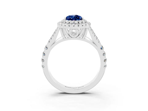 White gold Pear Cut Blue Sapphire Double Halo Ring with Split Shank and Prong Setting_15