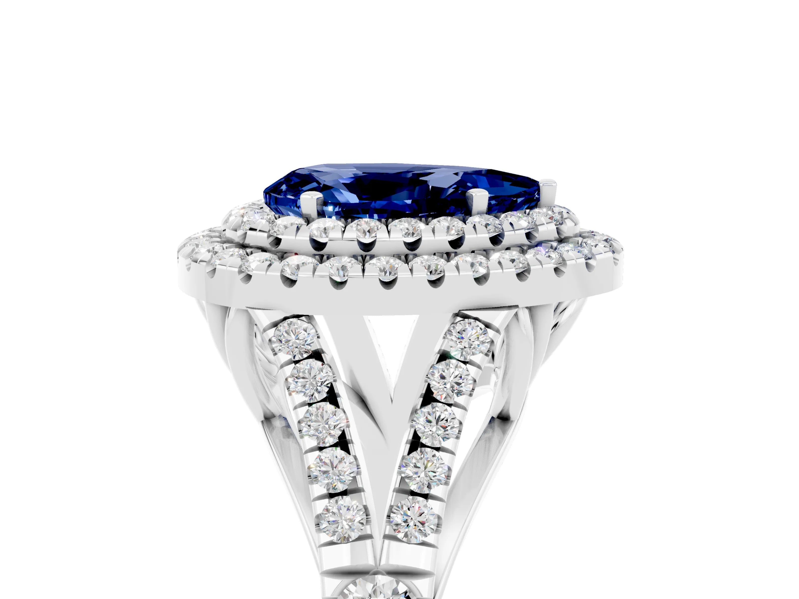 White gold Pear Cut Blue Sapphire Double Halo Ring with Split Shank and Prong Setting_17
