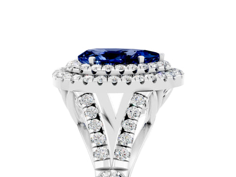 White gold Pear Cut Blue Sapphire Double Halo Ring with Split Shank and Prong Setting_17