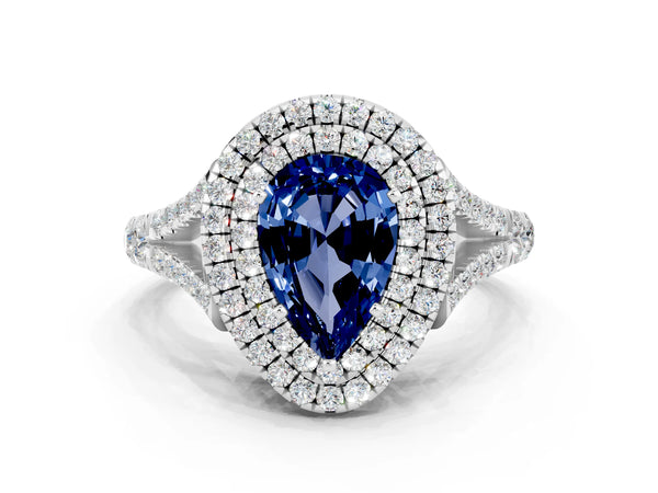 White gold Pear Cut Blue Sapphire Double Halo Ring with Split Shank and Prong Setting