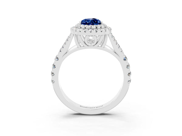 White gold Pear Cut Blue Sapphire Double Halo Ring with Split Shank and Prong Setting