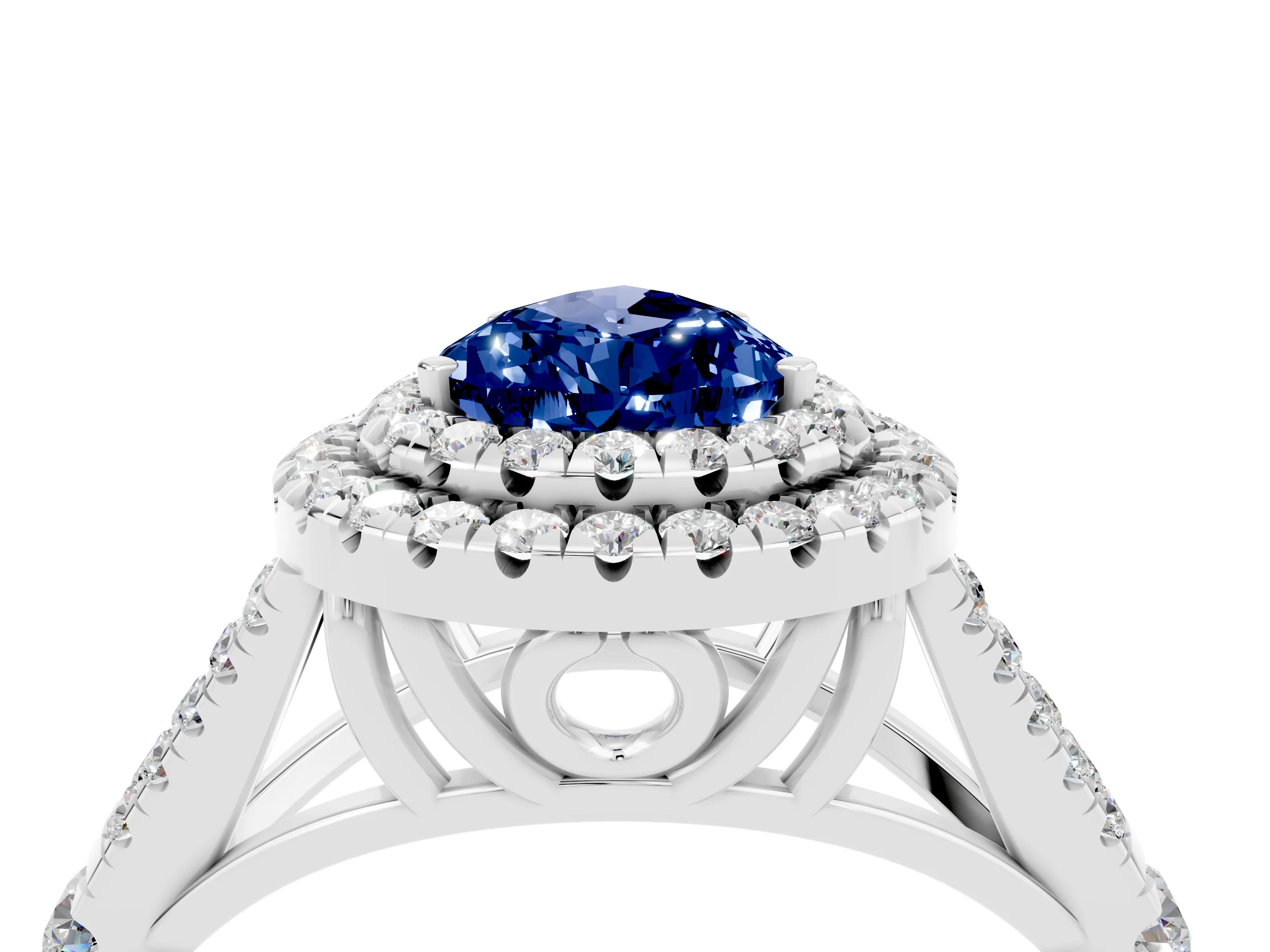 White gold Pear Cut Blue Sapphire Double Halo Ring with Split Shank and Prong Setting_28