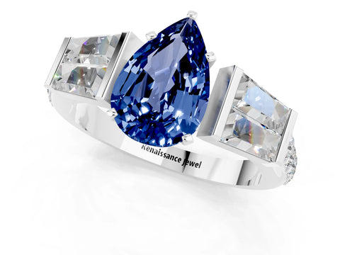 White gold Pear Cut Blue Sapphire Engagement Ring with Baguette Side Stones and Channel Set Band_1