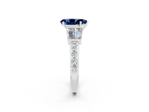 White gold Pear Cut Blue Sapphire Engagement Ring with Baguette Side Stones and Channel Set Band_2