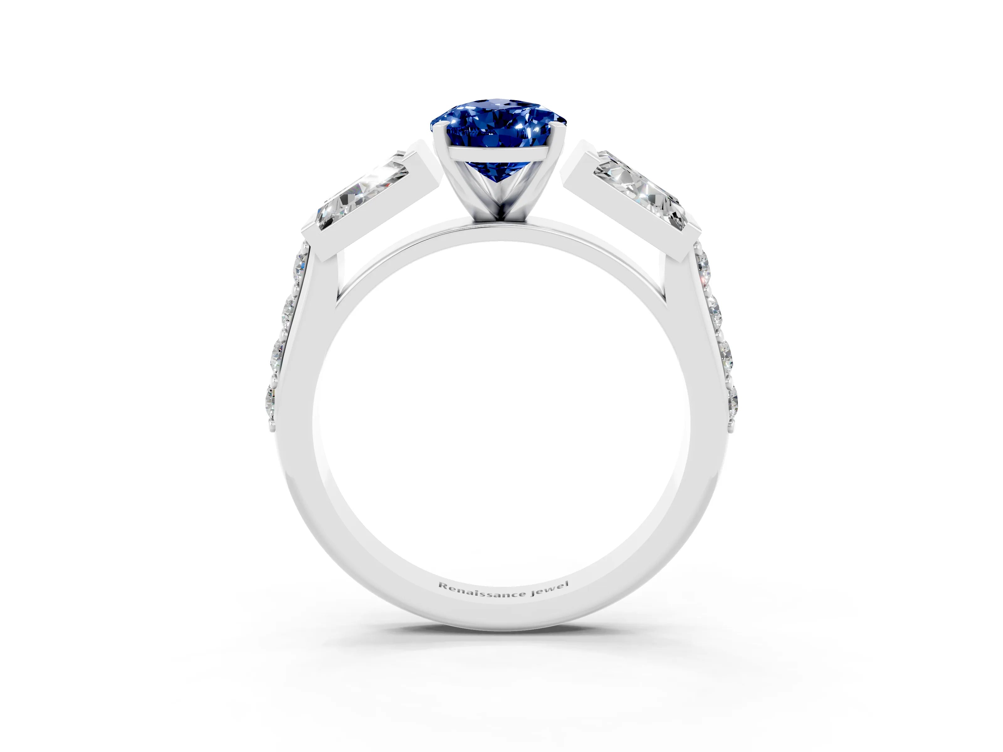 White gold Pear Cut Blue Sapphire Engagement Ring with Baguette Side Stones and Channel Set Band_3