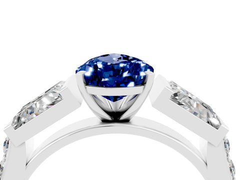 White gold Pear Cut Blue Sapphire Engagement Ring with Baguette Side Stones and Channel Set Band_4