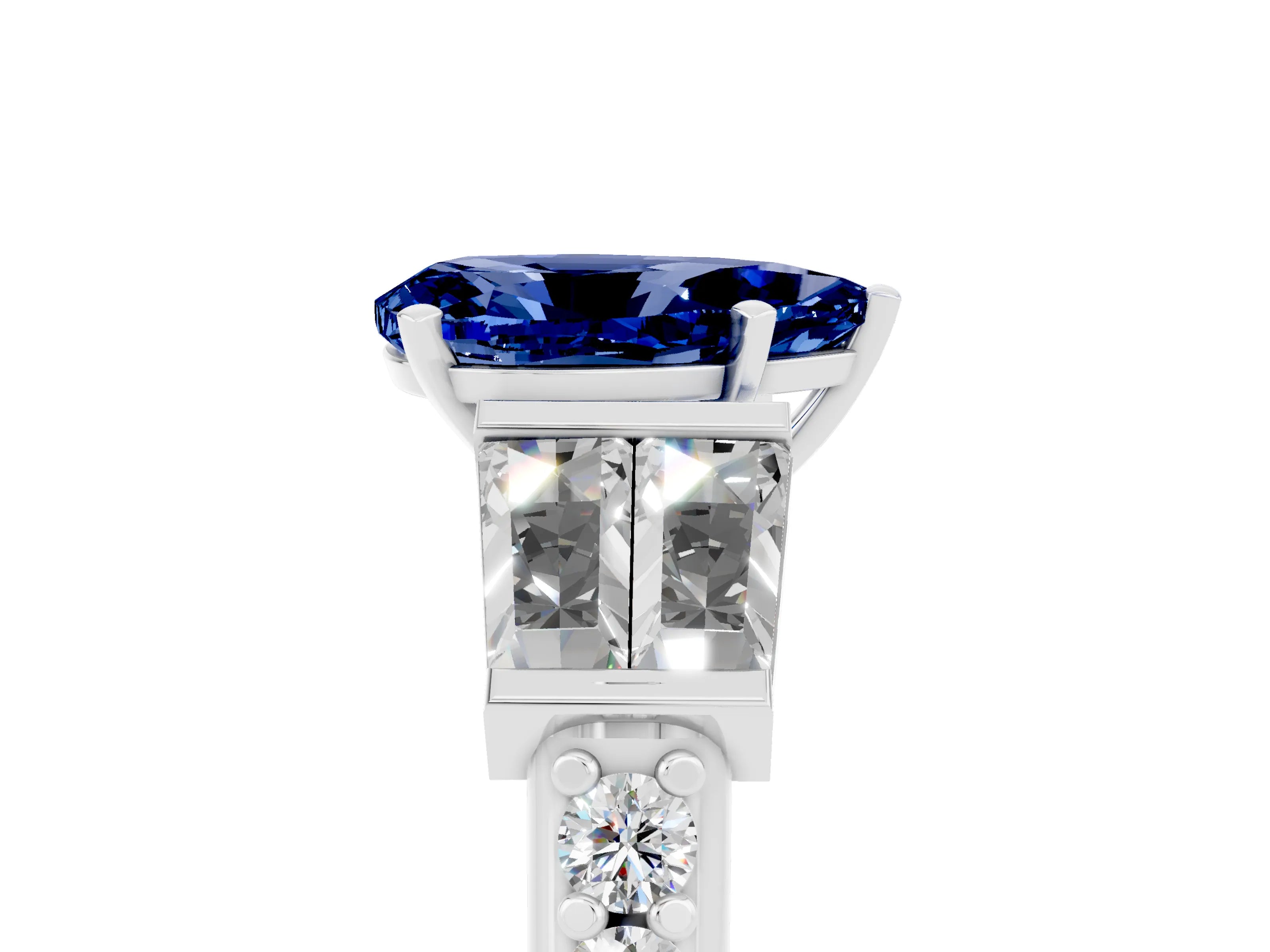 White gold Pear Cut Blue Sapphire Engagement Ring with Baguette Side Stones and Channel Set Band_5