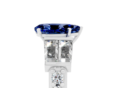 White gold Pear Cut Blue Sapphire Engagement Ring with Baguette Side Stones and Channel Set Band_5