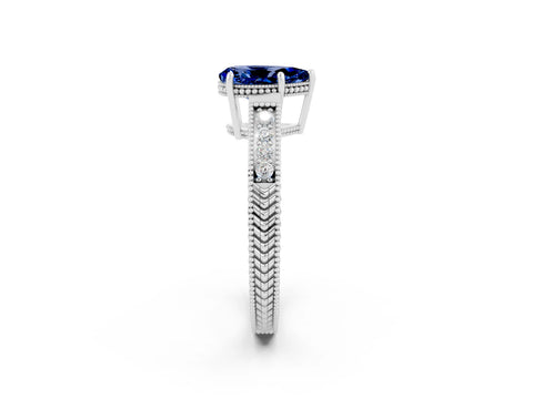 White gold Pear Cut Blue Sapphire Engagement Ring with Milgrain Channel Set Band and Prong Setting_2