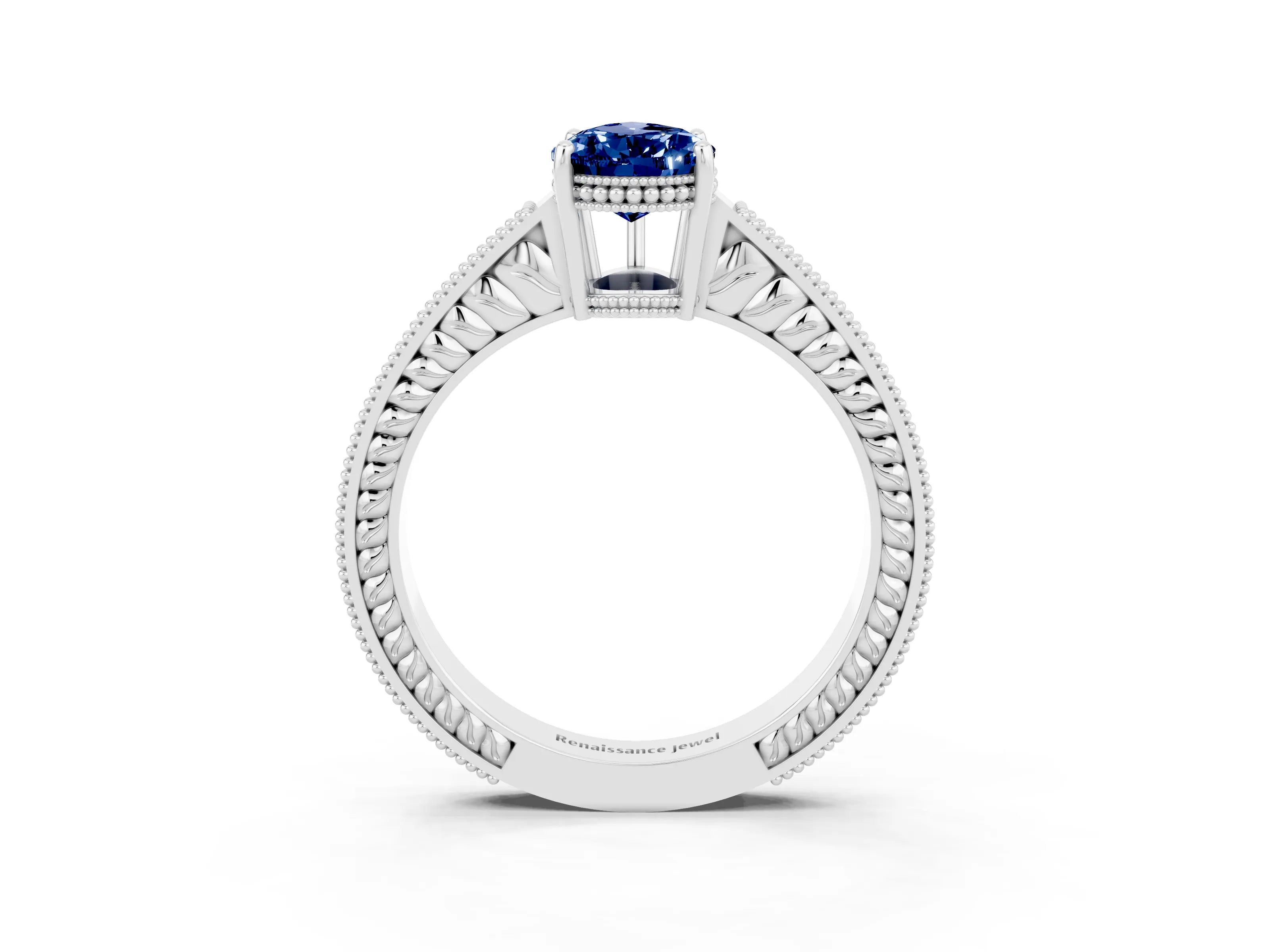 White gold Pear Cut Blue Sapphire Engagement Ring with Milgrain Channel Set Band and Prong Setting_3