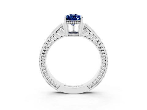 White gold Pear Cut Blue Sapphire Engagement Ring with Milgrain Channel Set Band and Prong Setting_3