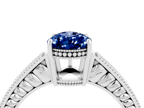 White gold Pear Cut Blue Sapphire Engagement Ring with Milgrain Channel Set Band and Prong Setting_4