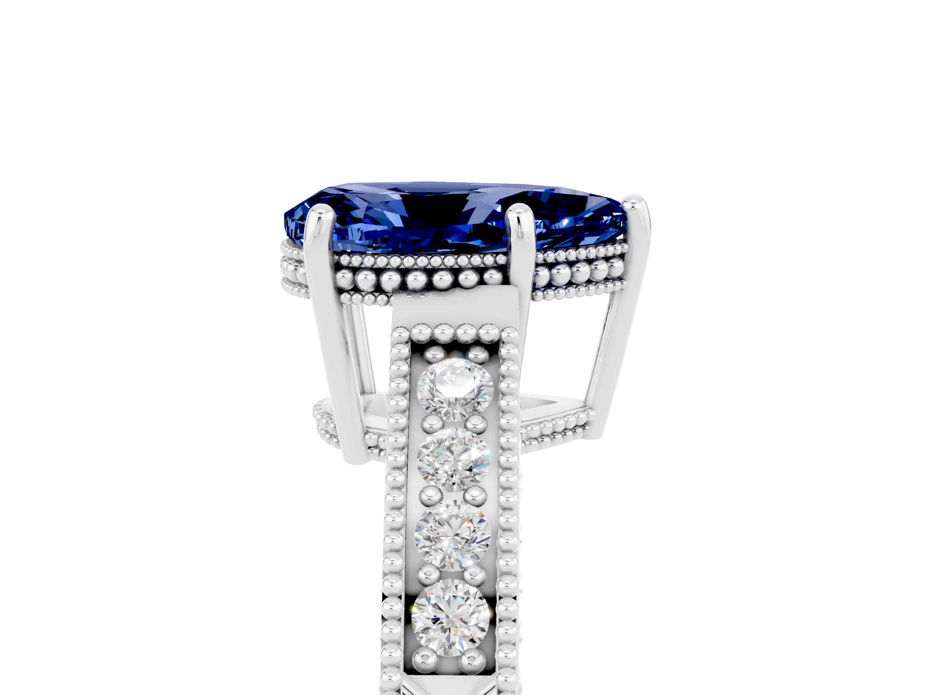 White gold Pear Cut Blue Sapphire Engagement Ring with Milgrain Channel Set Band and Prong Setting_5