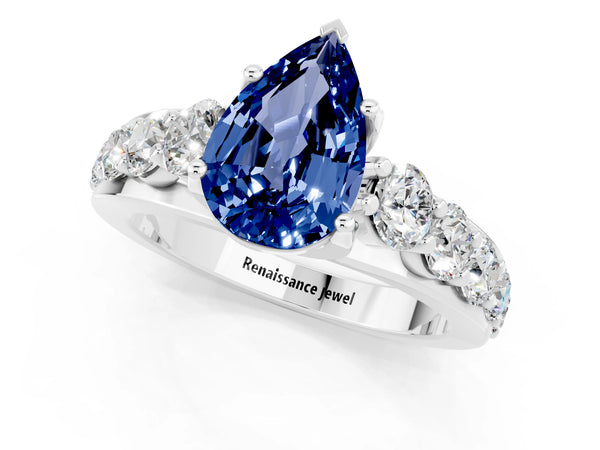 Silver Pear Cut Blue Sapphire Engagement Ring with Pavé Band and Four-Prong Setting