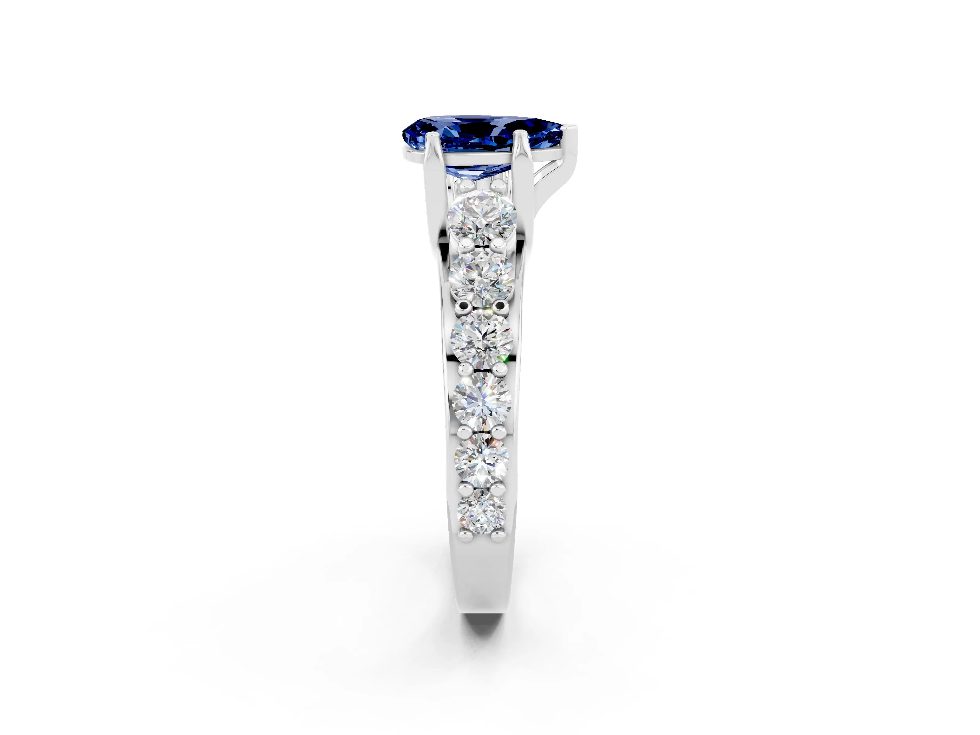 White gold Pear Cut Blue Sapphire Engagement Ring with Pavé Band and Four-Prong Setting_2