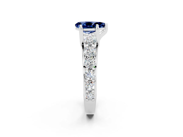 Silver Pear Cut Blue Sapphire Engagement Ring with Pavé Band and Four-Prong Setting