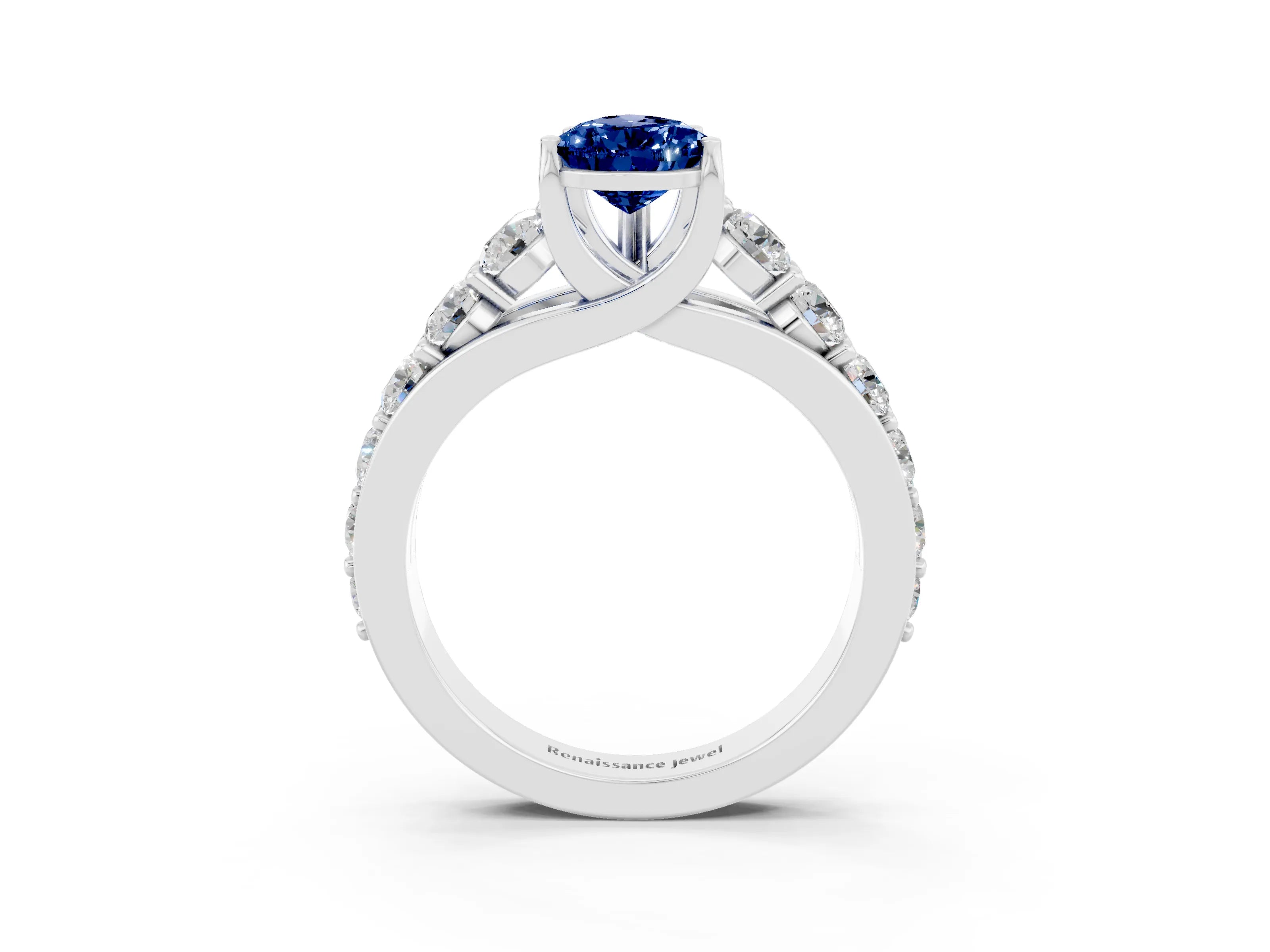 White gold Pear Cut Blue Sapphire Engagement Ring with Pavé Band and Four-Prong Setting_3