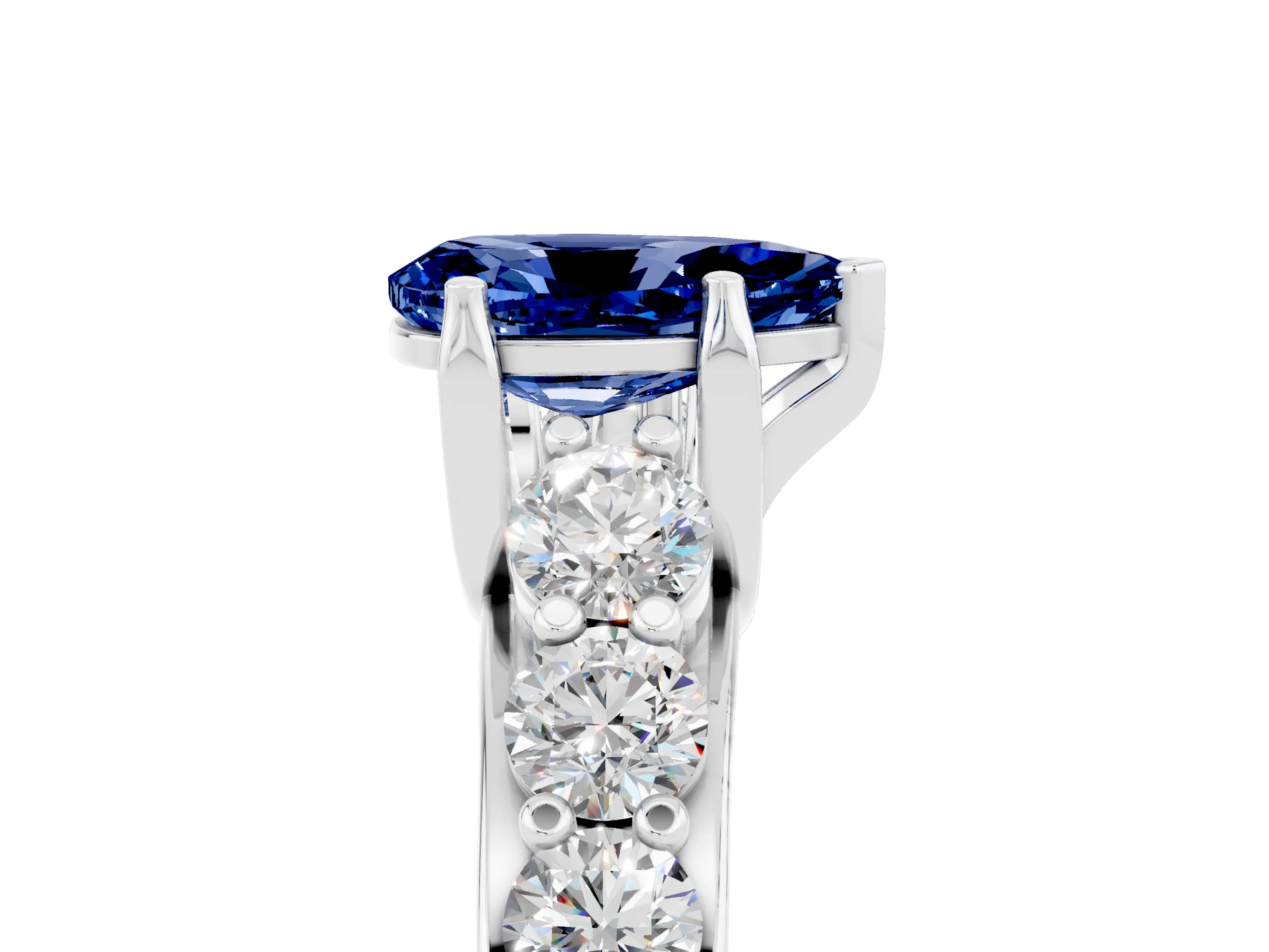 White gold Pear Cut Blue Sapphire Engagement Ring with Pavé Band and Four-Prong Setting_5