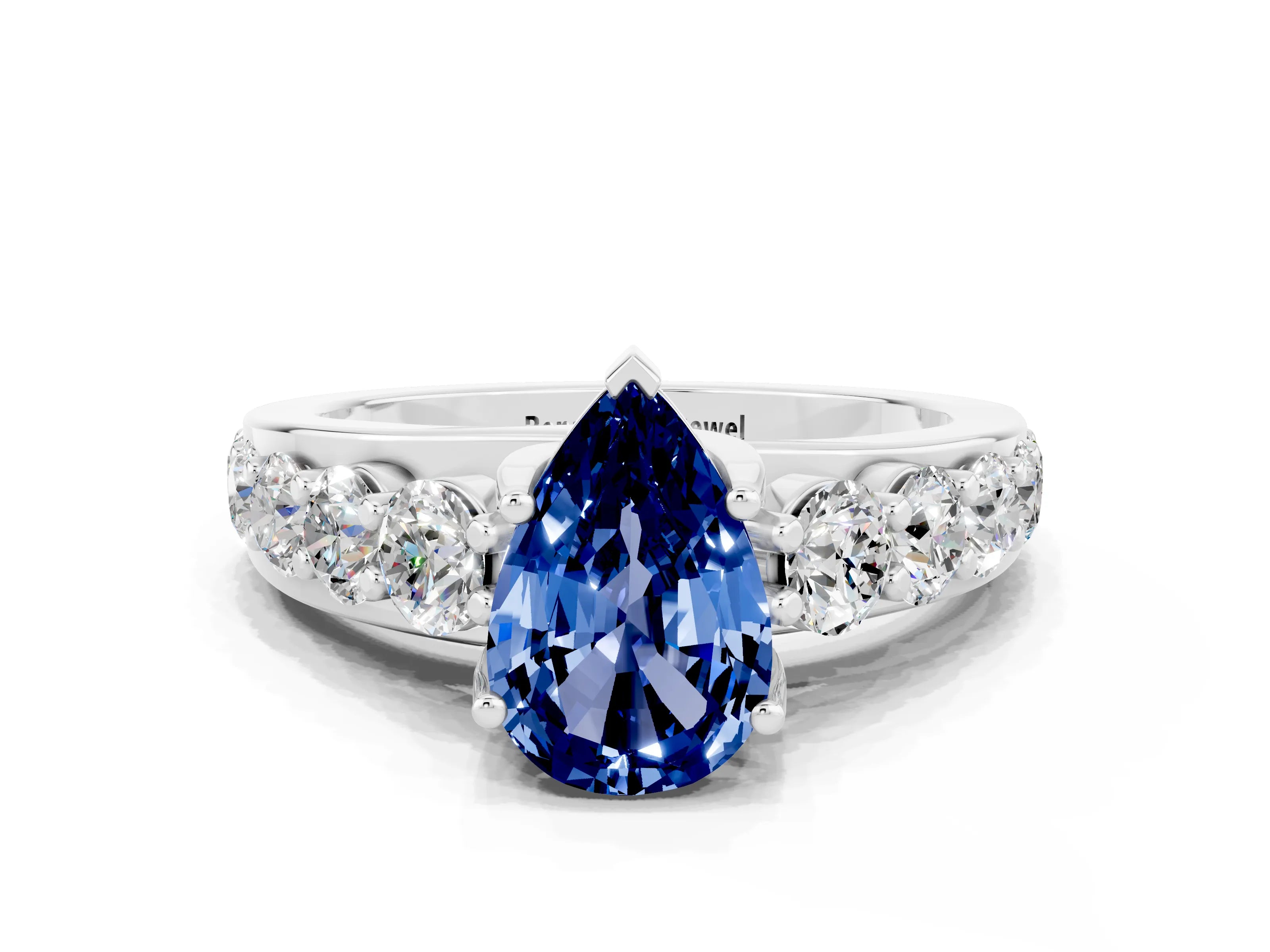 White gold Pear Cut Blue Sapphire Engagement Ring with Pavé Band and Four-Prong Setting