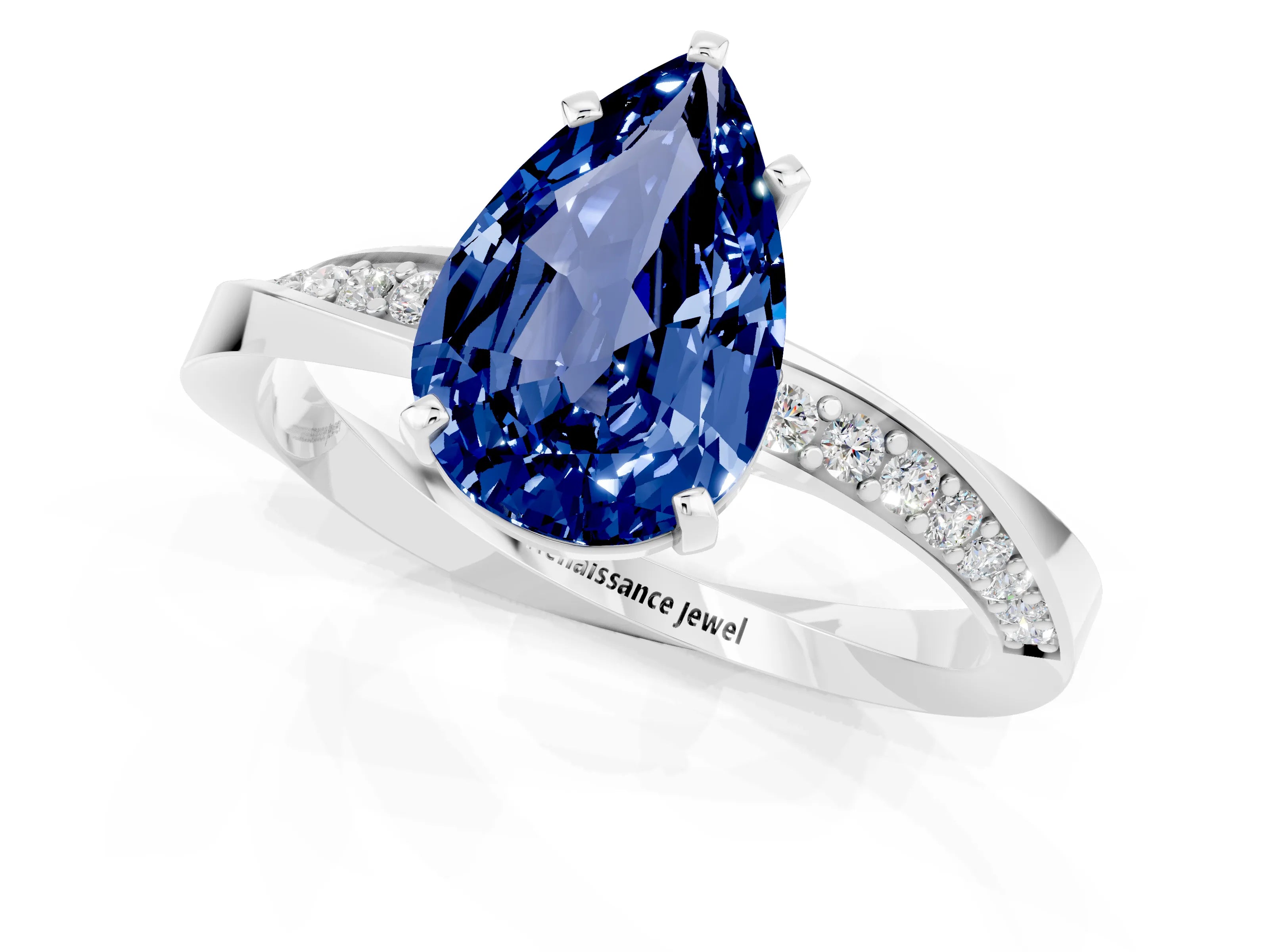 White gold Pear Cut Blue Sapphire Engagement Ring with Side Stone Accents and Four-Prong Setting_28
