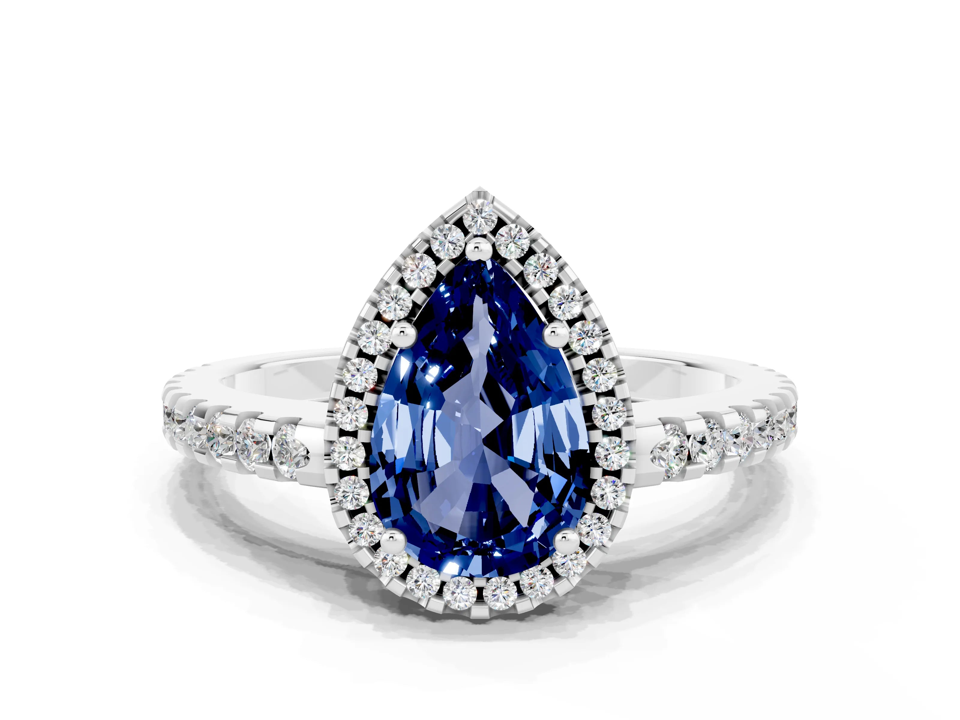 White gold Pear Cut Blue Sapphire Halo Engagement Ring with Pavé Band and Prong Setting_12
