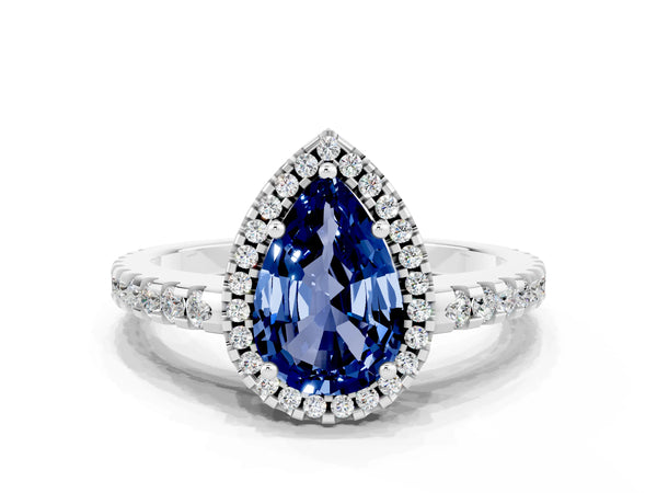 White gold Pear Cut Blue Sapphire Halo Engagement Ring with Pavé Band and Prong Setting
