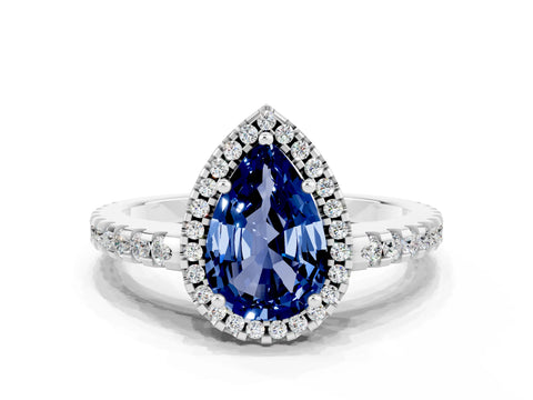White gold Pear Cut Blue Sapphire Halo Engagement Ring with Pavé Band and Prong Setting_12