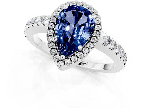 White gold Pear Cut Blue Sapphire Halo Engagement Ring with Pavé Band and Prong Setting