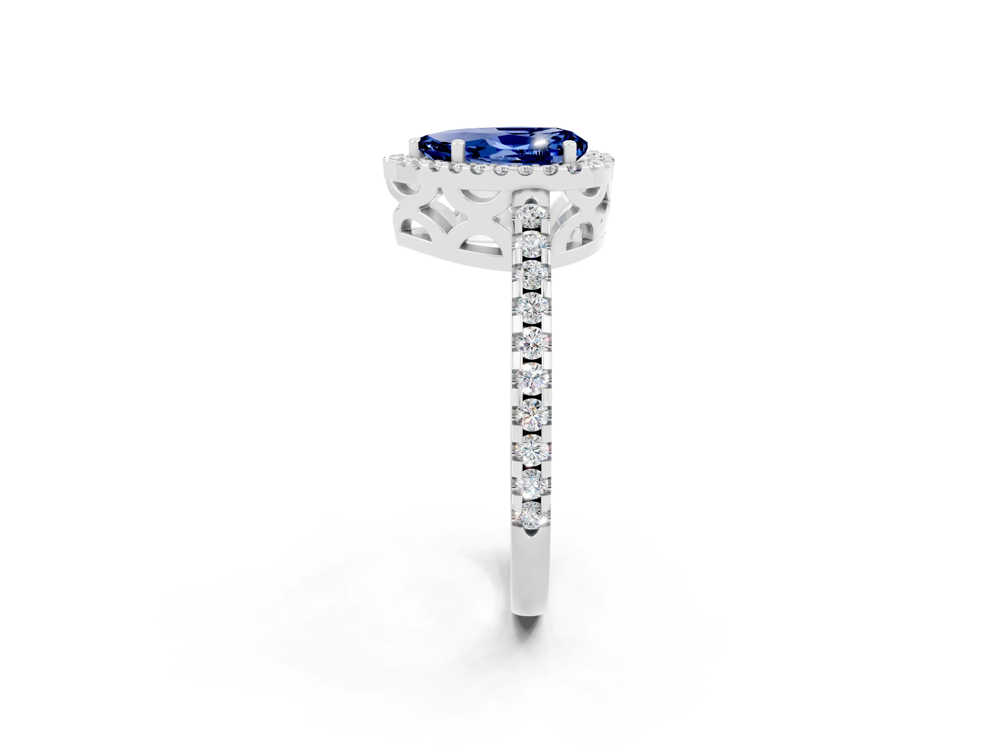 White gold Pear Cut Blue Sapphire Halo Engagement Ring with Pavé Band and Prong Setting_14