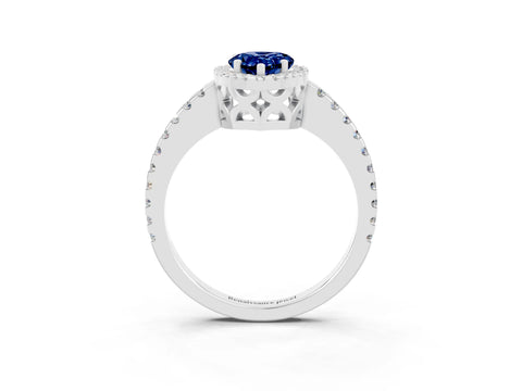 White gold Pear Cut Blue Sapphire Halo Engagement Ring with Pavé Band and Prong Setting_15