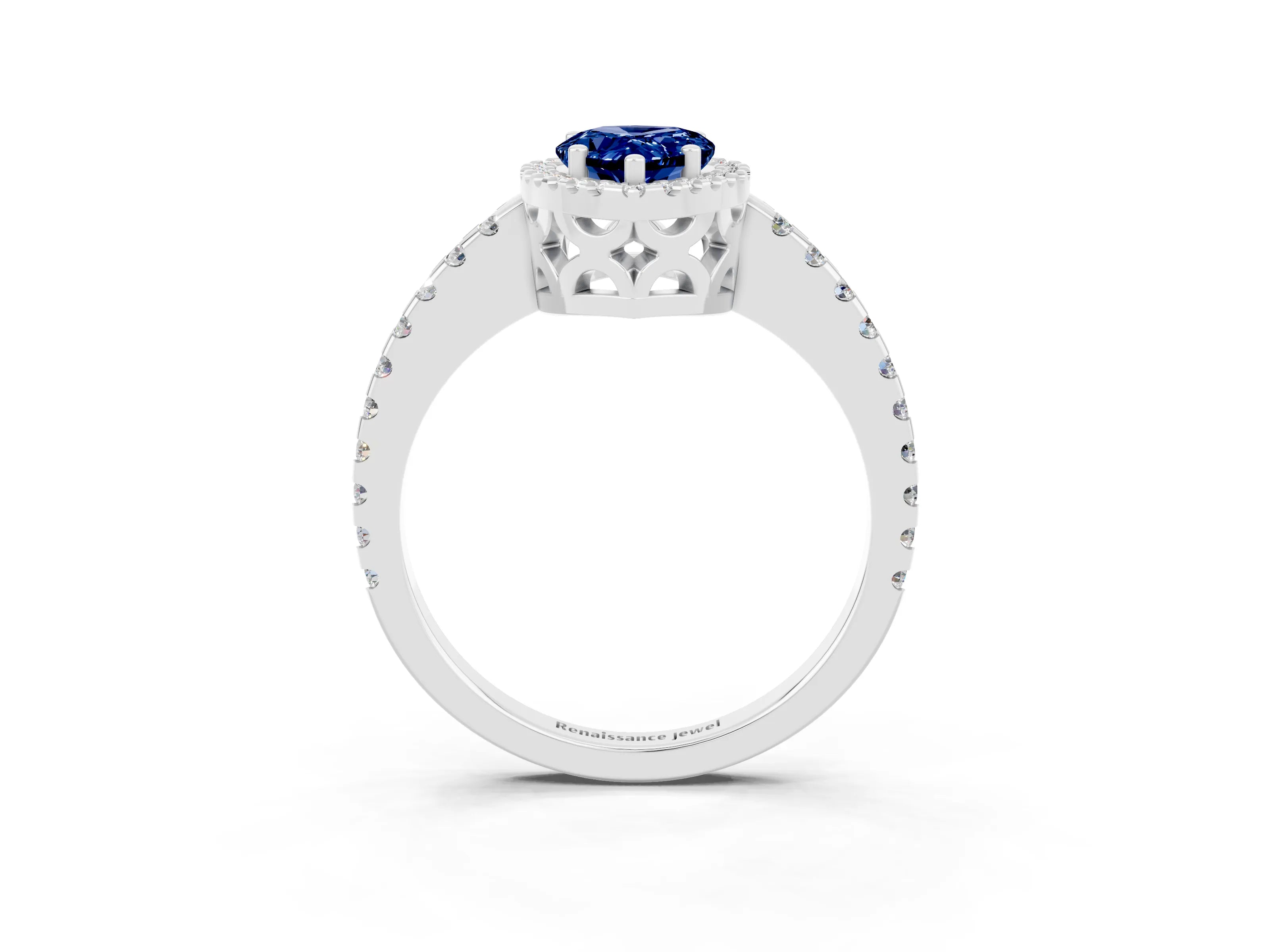 White gold Pear Cut Blue Sapphire Halo Engagement Ring with Pavé Band and Prong Setting_15