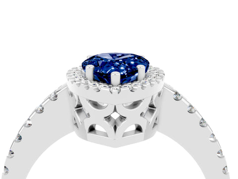 White gold Pear Cut Blue Sapphire Halo Engagement Ring with Pavé Band and Prong Setting_16